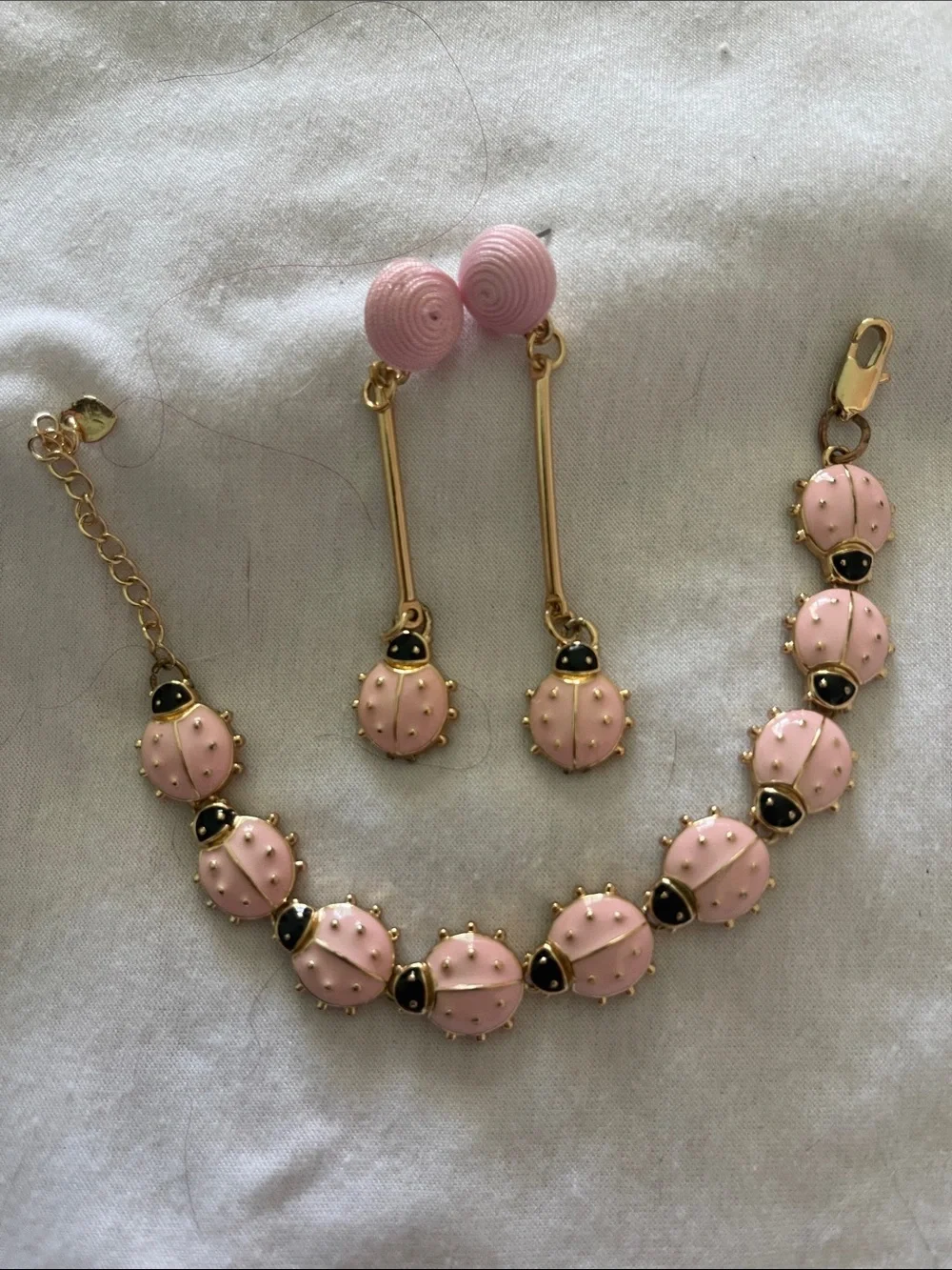 Pink Enamel Ladybug Bracelet and Drop Earrings Set - Gold Accents